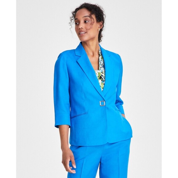 Kasper Petite Linen-Blend Button-Front 3/4-Sleeve Notch-Lapel Blazer Riviera 16P - Picture 1 of 1